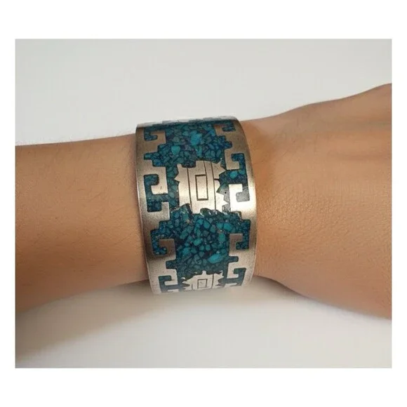 Signed HMP MEXICO Sterling Silver Turquoise Inlay Bangle Bracelet - Picture 2 of 5